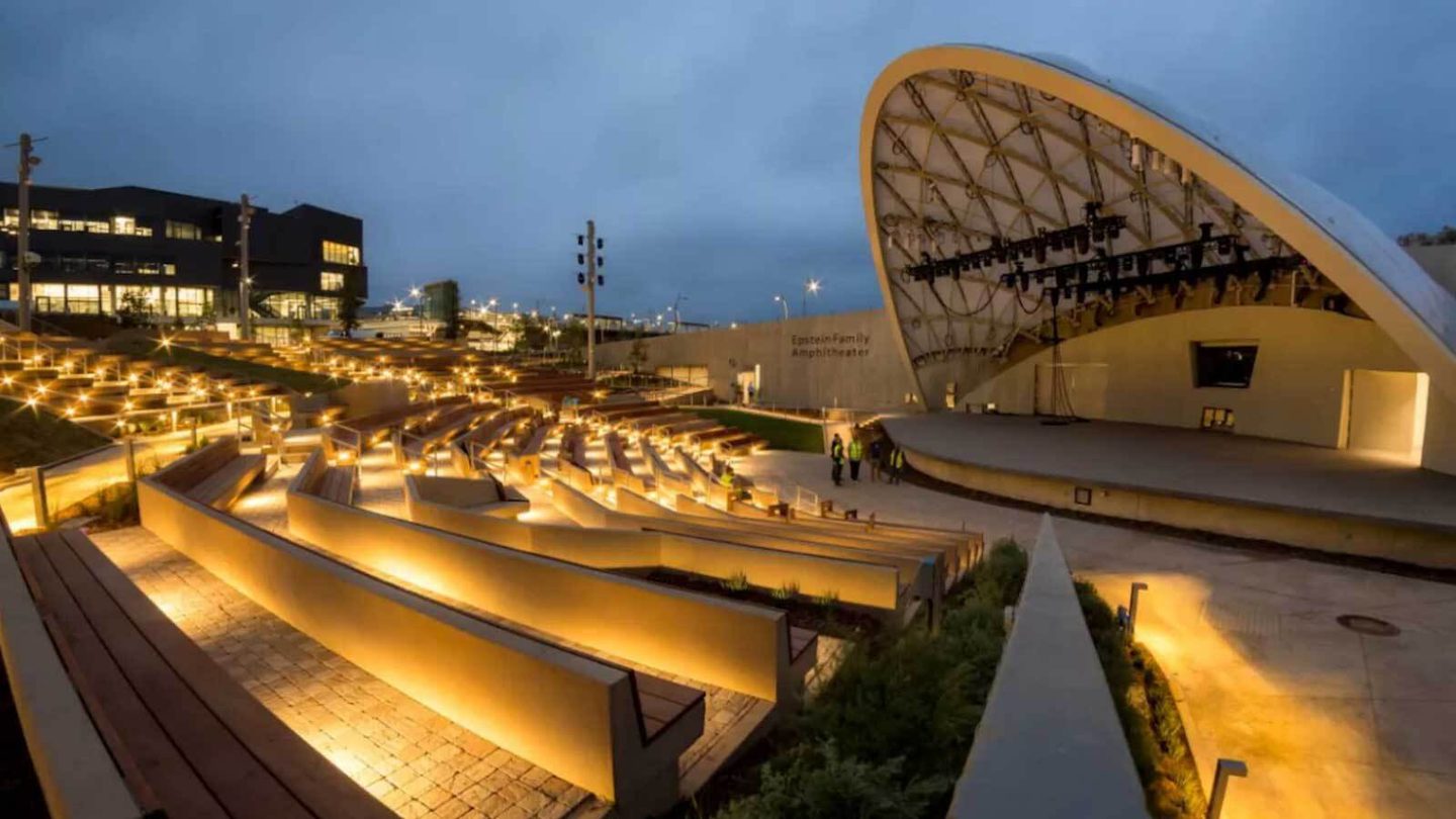 View of Epstein Family Amphitheater in the evening.